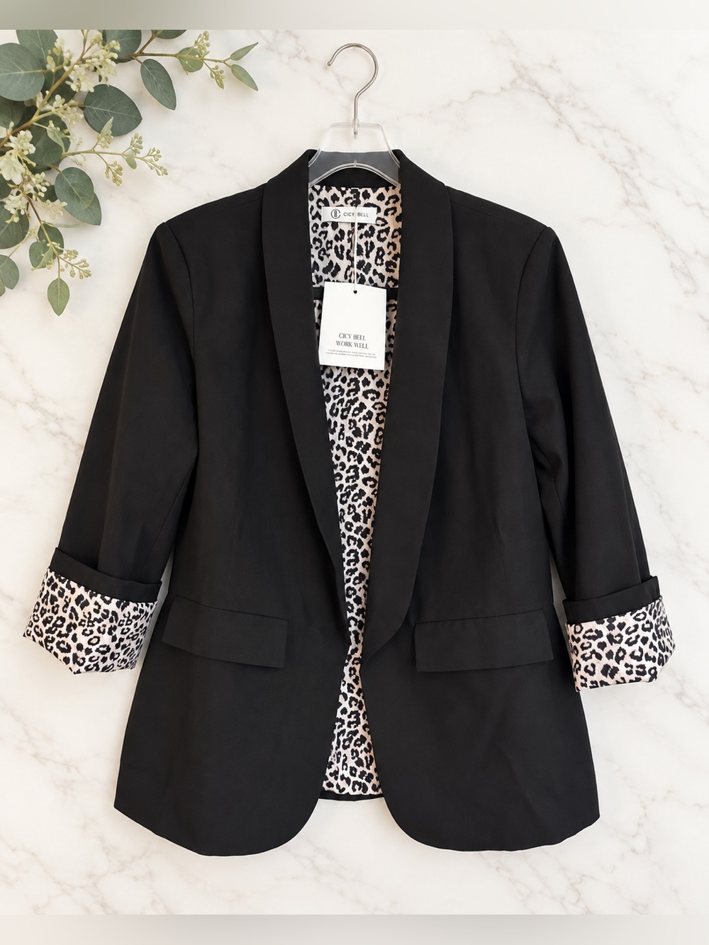 Cicy Bell Black Blazer Women M NWT Leopard Lined Cuffs Open Front Workwear Boss